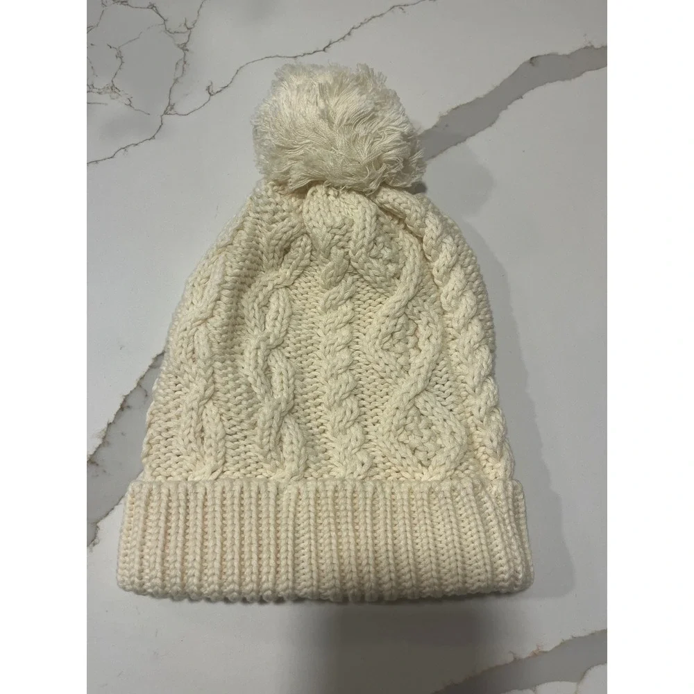 Patrick Francis Ireland Cream Cable Knit Pom Pom Beanie Hat Cotton Blend